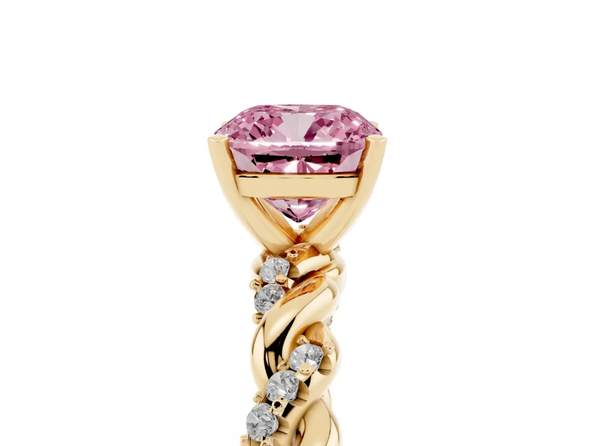Fancy Pink Cushion Cut Diamond Solitaire Ring with Twisted Band and Pavé Accents Yellow gold