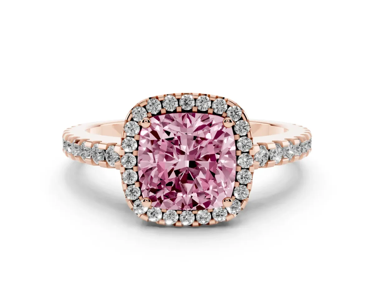Fancy Pink Cushion Cut Diamond Halo Engagement Ring with Pavé Band and Prong Setting Rose gold