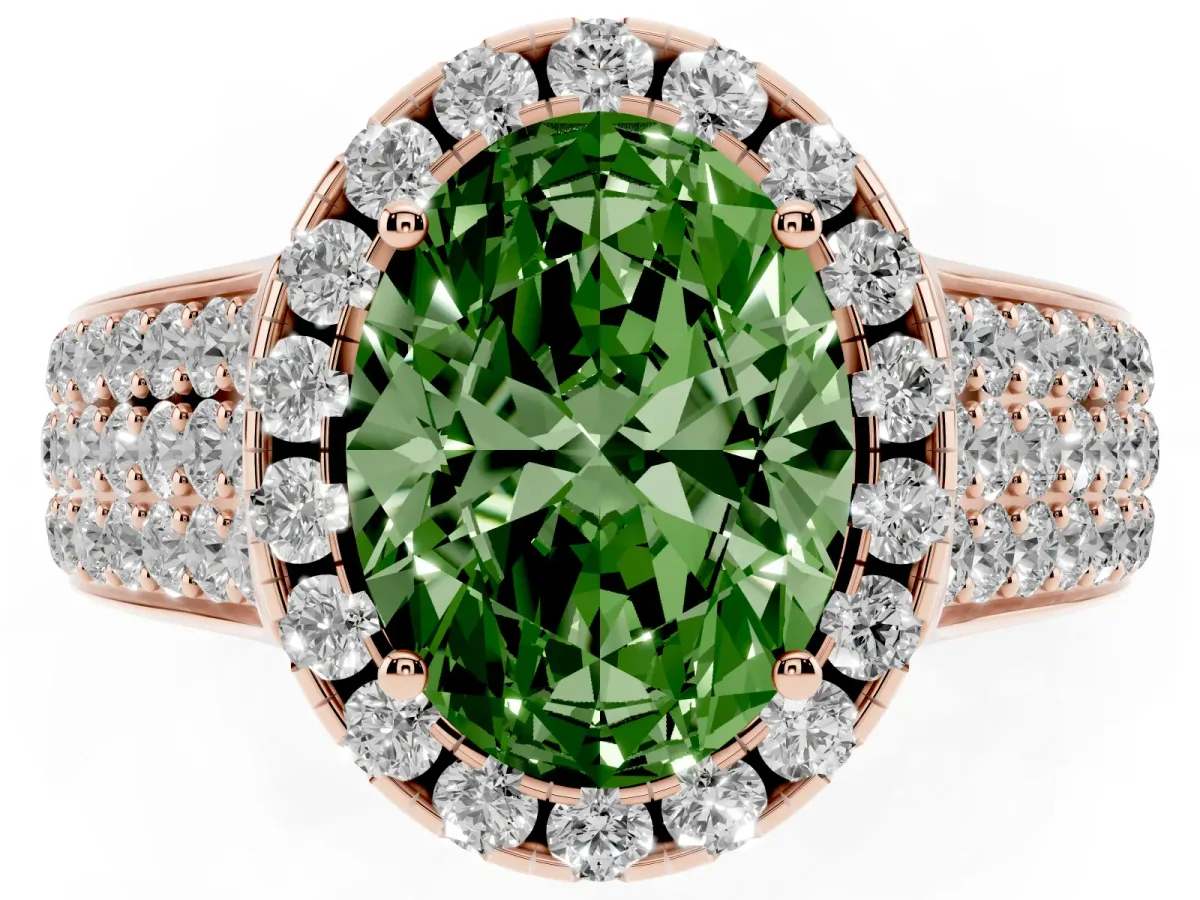 Fancy Green Oval Cut Halo Round Diamond Pave Band with Prong Setting Rose gold