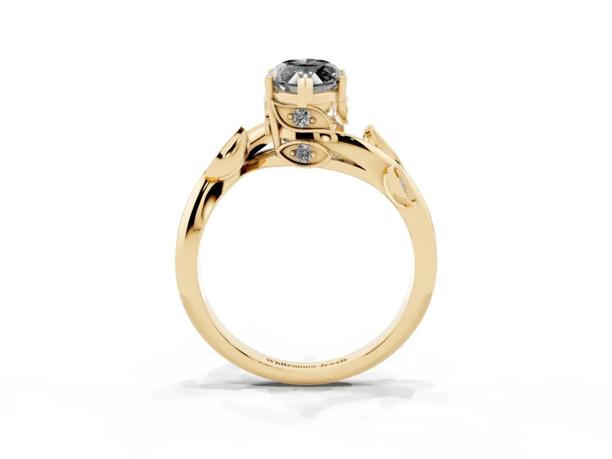 Fancy Black Marquise Cut Solitaire Twist Engagement Ring with Leaf Accents and Prong Setting Yellow gold