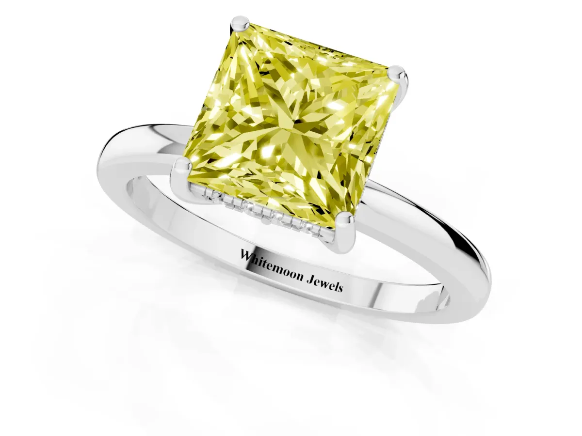 Fancy Yellow Princess Cut Solitaire Diamond Ring with Prong Setting and Plain Band Silver