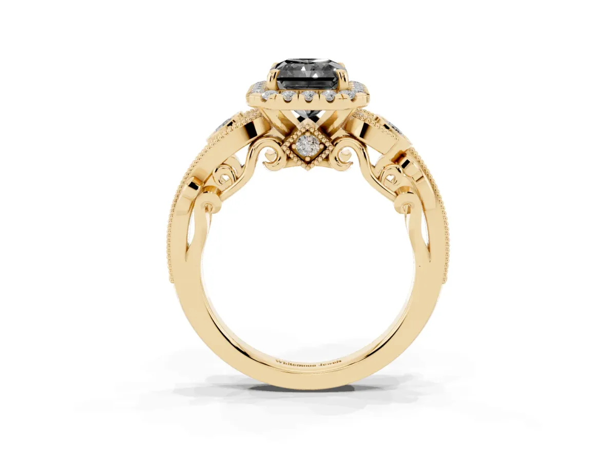 Fancy Black Radiant Cut Halo Diamond Ring with Milgrain and Bezel Accents on a Split Shank Band Yellow gold