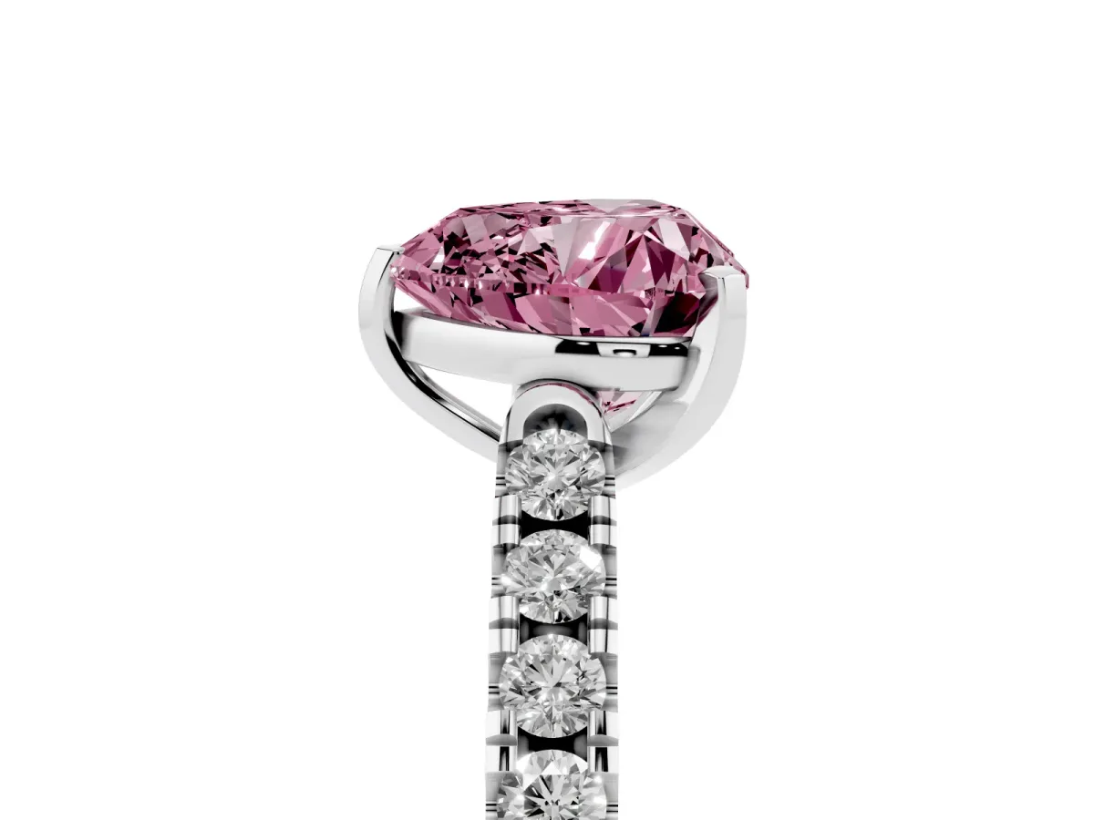 Fancy Pink Heart Cut Diamond Pavé Band Solitaire Ring with Prong Setting Platinum