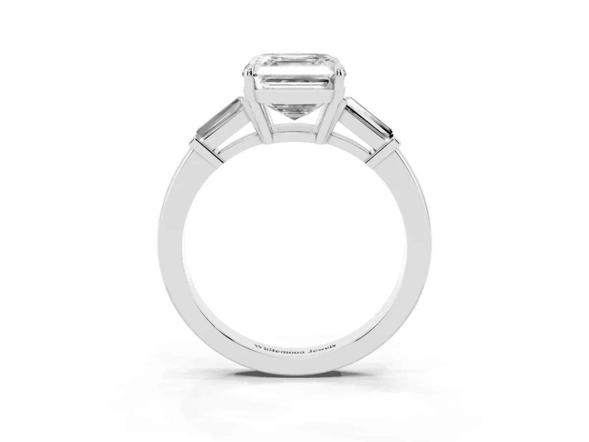 Asscher Cut Diamond Three-Stone Ring with Tapered Baguette Side Stones and Prong Setting Silver
