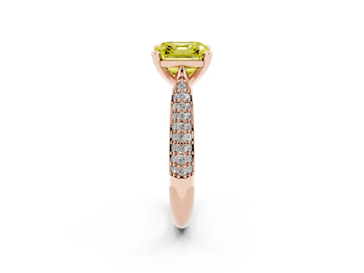Fancy Yellow Asscher Cut Diamond Solitaire Engagement Ring with Multi-Row Round Pavé Band and Prong Setting Rose gold