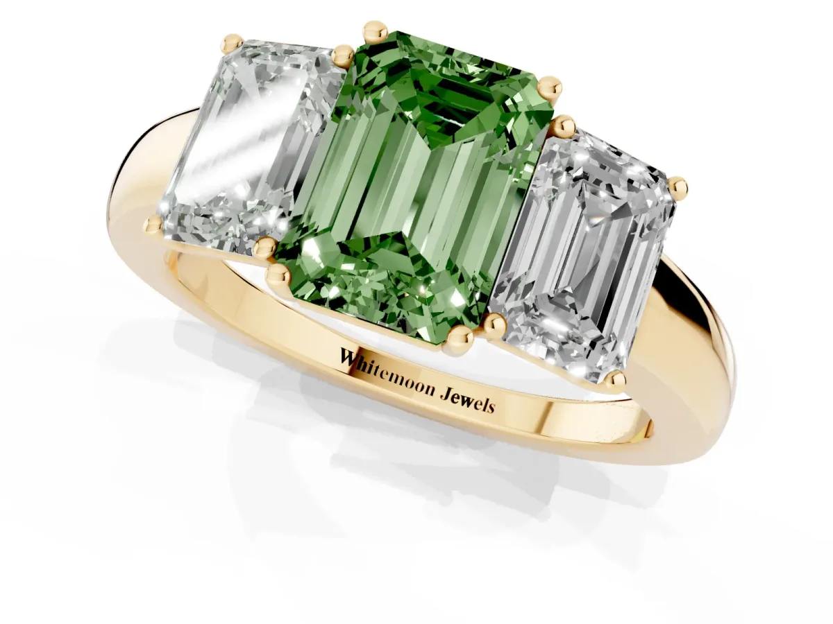 Fancy Green Emerald Cut Diamond Three-Stone Ring with Four-Prong Setting and Classic Band Yellow gold