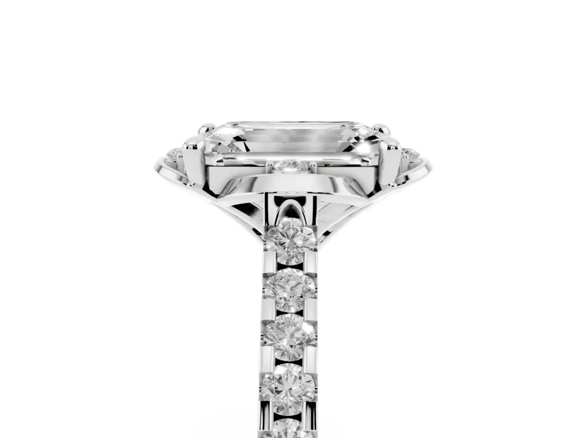 Emerald Cut Diamond Ring with Pavé Band and Floral Prong Setting Silver