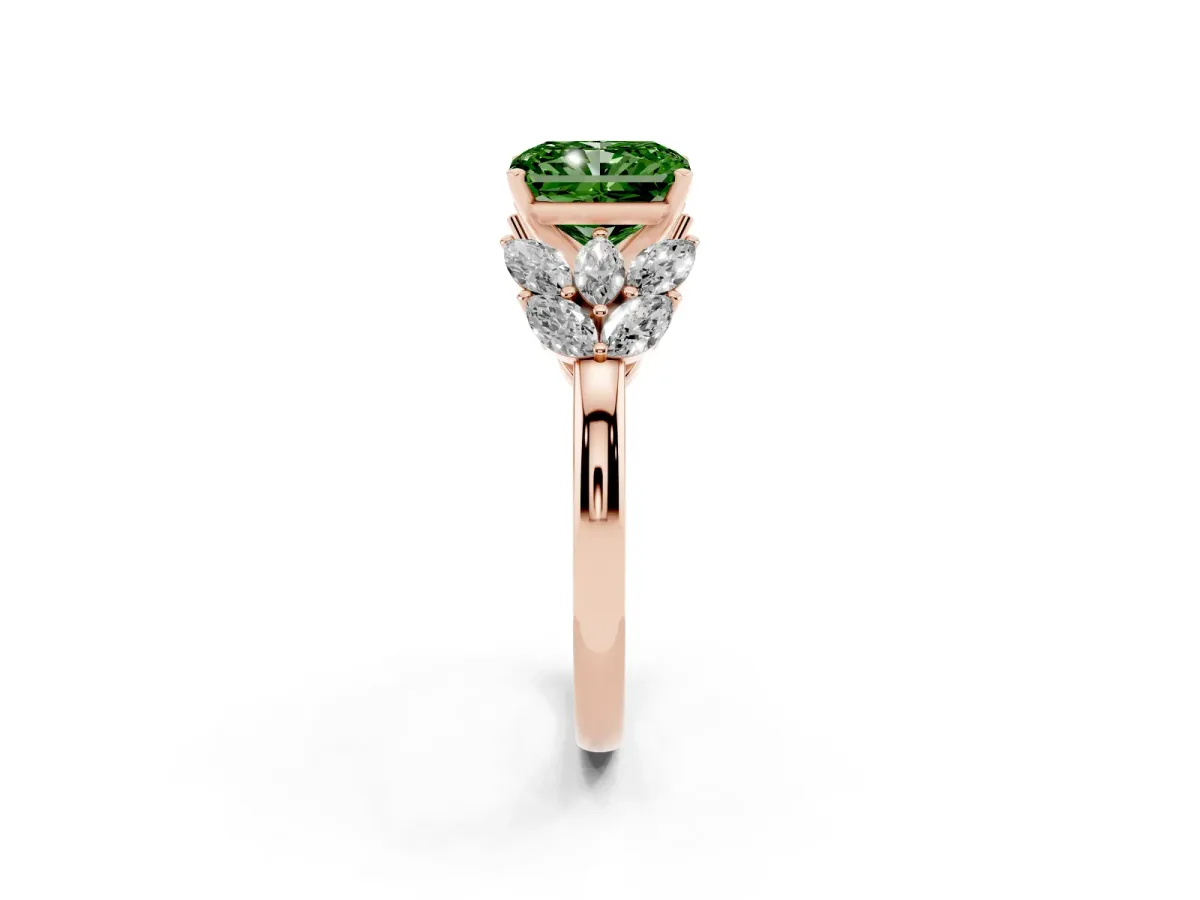 Fancy Green Radiant Cut Diamond Cluster Leaf Design Ring with Prong Setting Rose gold