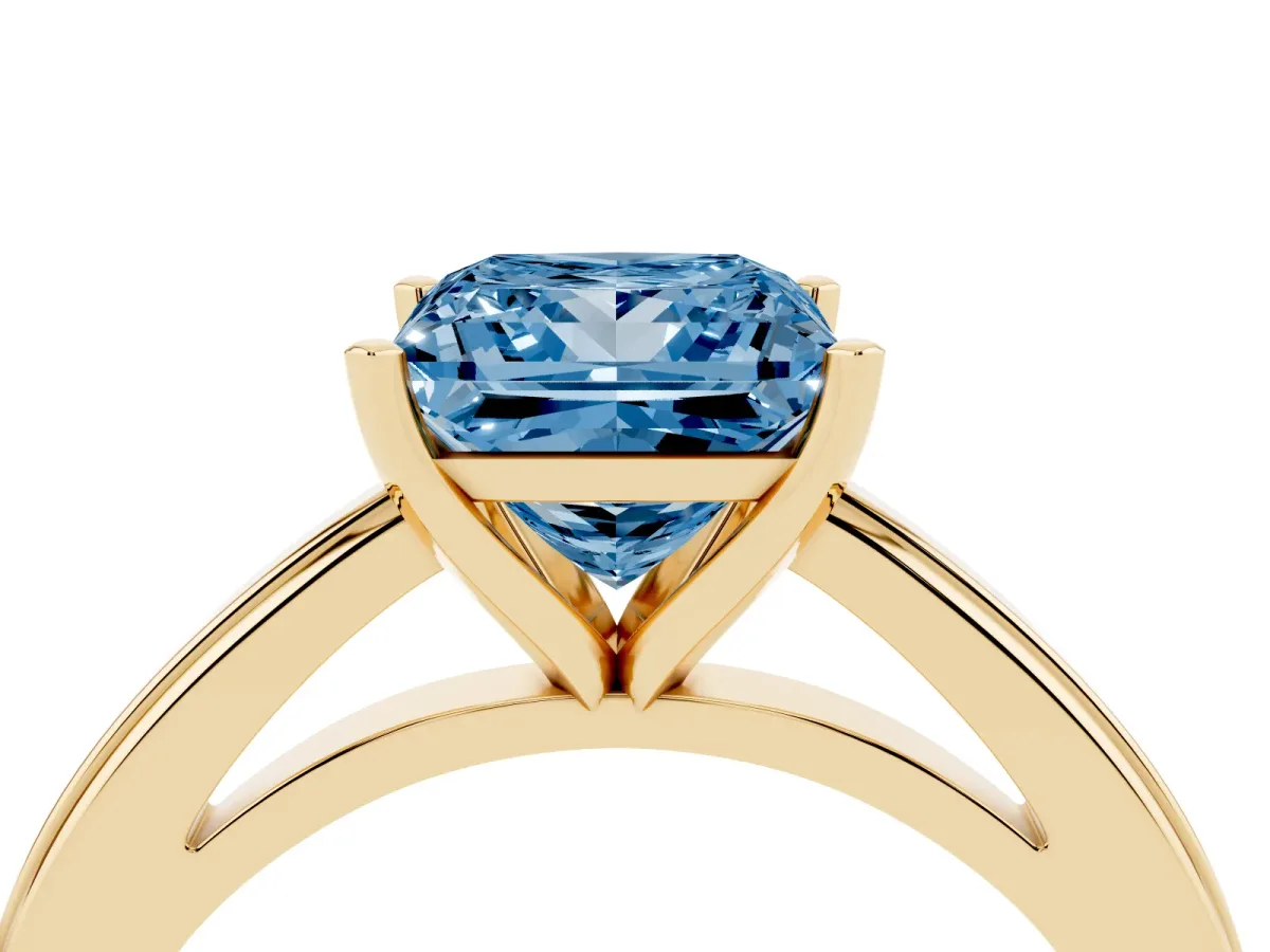 Fancy Blue Princess Cut Solitaire Diamond Ring with Four-Prong Setting and Classic Band Yellow gold