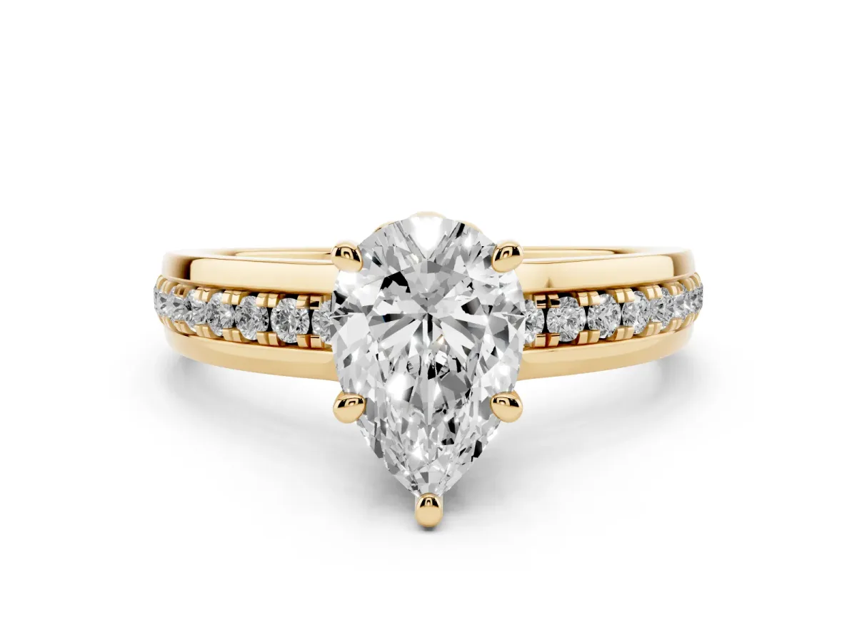Pear Cut Solitaire Diamond Ring with Channel Set Band and Six-Prong Setting Yellow gold