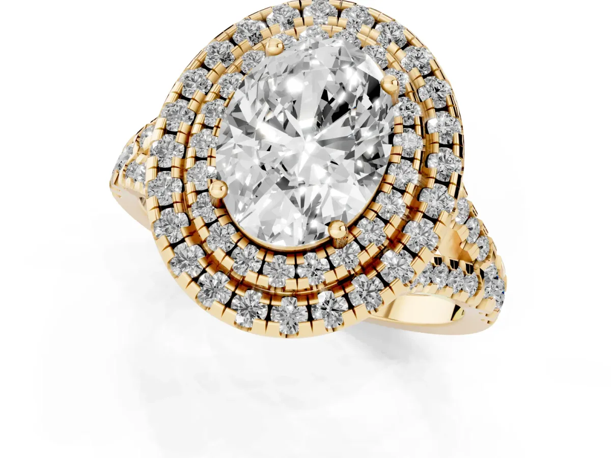 Double Halo Oval Cut Diamond Pavé Split Shank Ring with Prong Setting Yellow gold