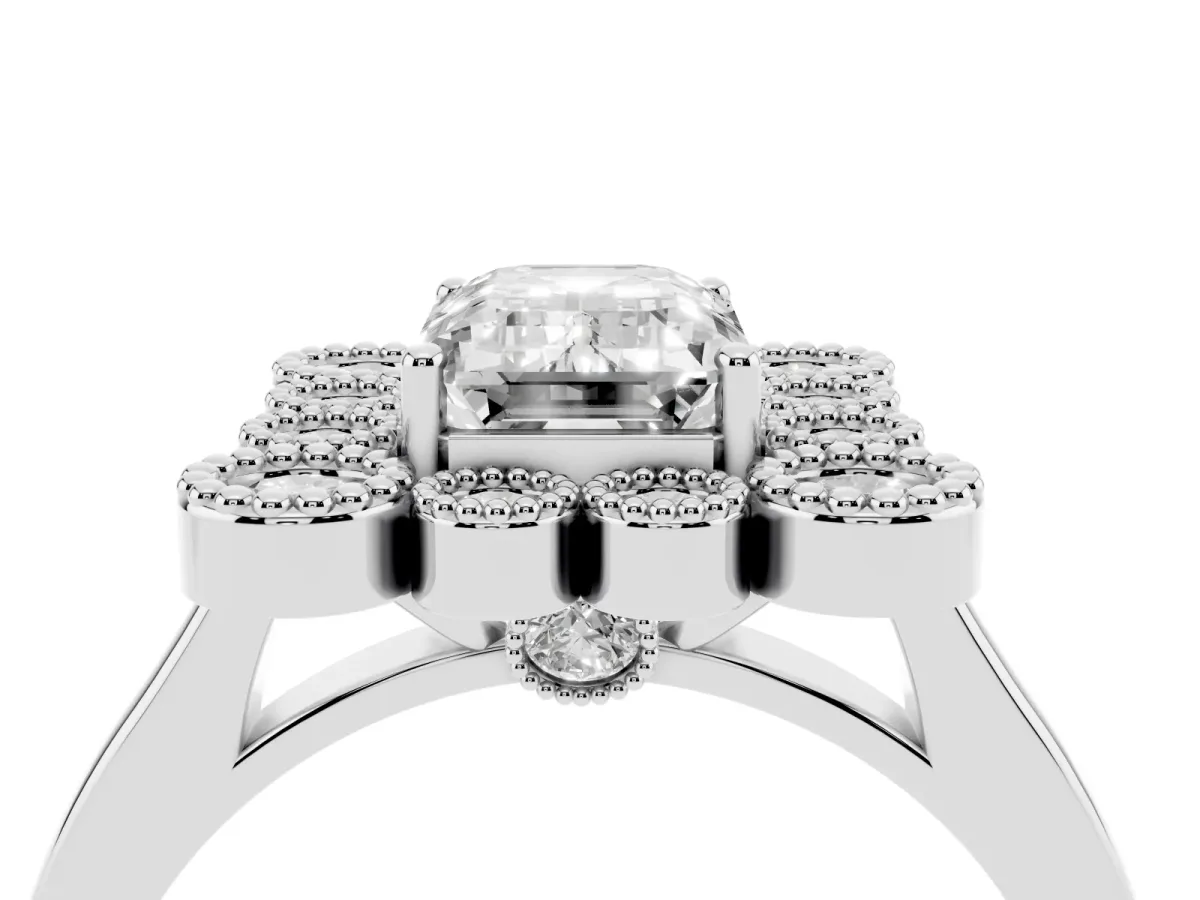 Emerald Cut Halo Diamond Cluster Engagement Ring with Milgrain Bezel Setting and Solitaire Band Platinum
