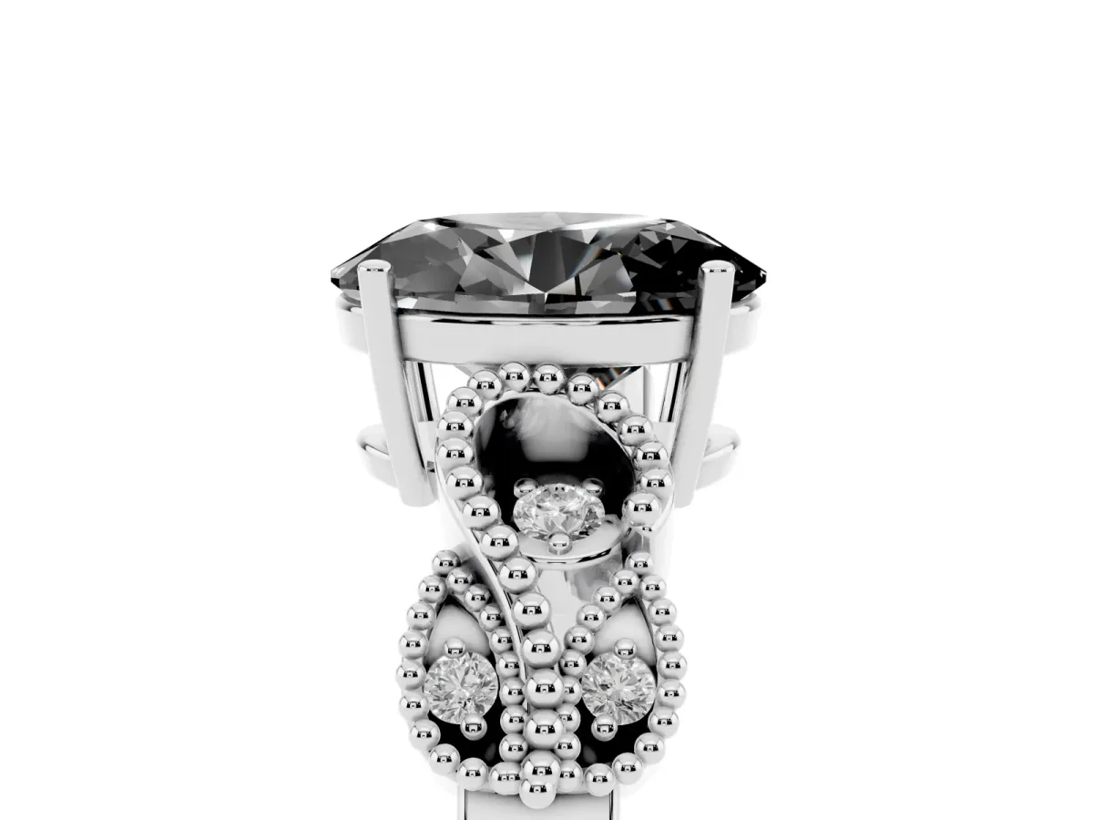 Fancy Black Oval Cut Solitaire Milgrain Leaf Band with Prong Setting Silver