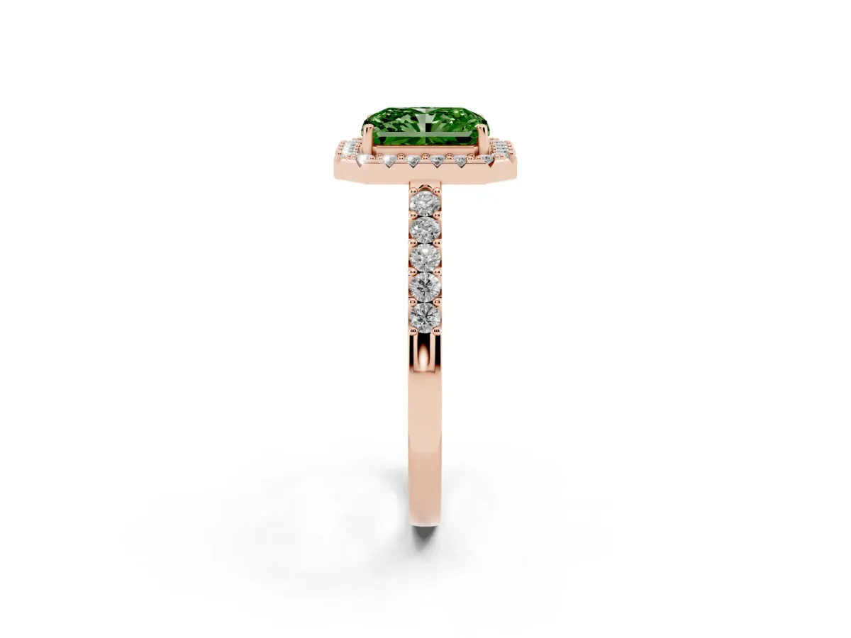 Fancy Green Radiant Cut Halo Diamond Pavé Solitaire Ring Rose gold