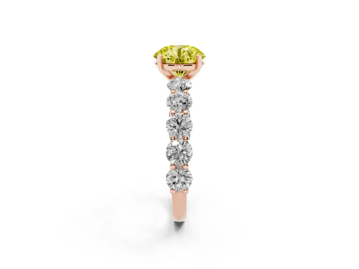 Fancy Yellow Round Cut Diamond Prong Setting with Side Stones on a Pave Band Rose gold