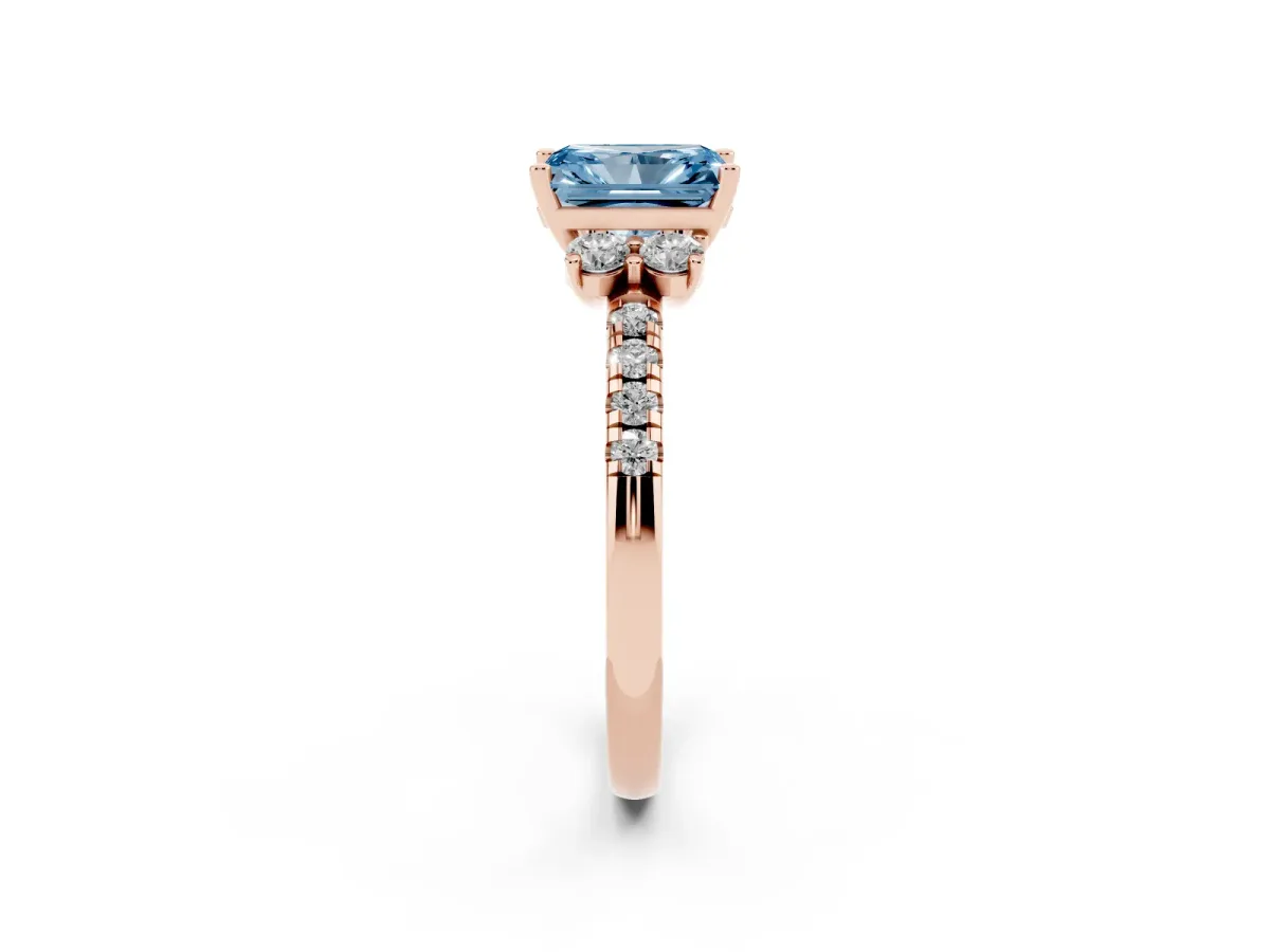 Fancy Blue Radiant Cut Diamond Three-Stone Pave Band with Four-Prong Setting Rose gold