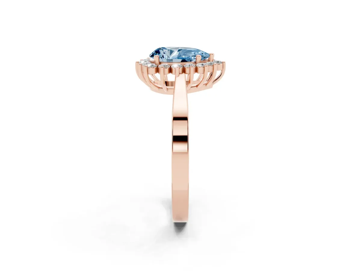 Fancy Blue Pear Cut Cut Diamond Halo Ring with Round Brilliant Halo and Solitaire Band Rose gold