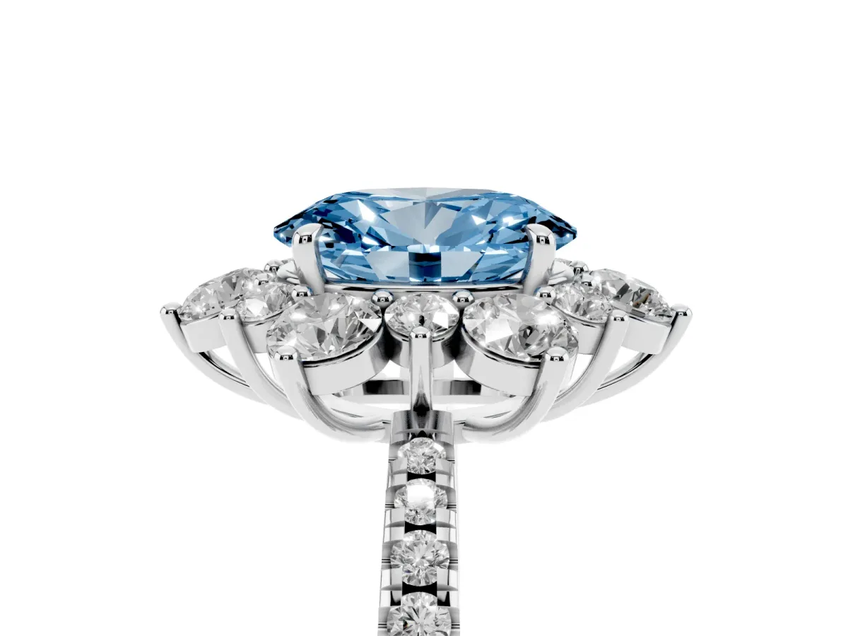 Fancy Blue Oval Cut Diamond Floral Halo Ring with Round Pavé Band and Prong Setting White gold
