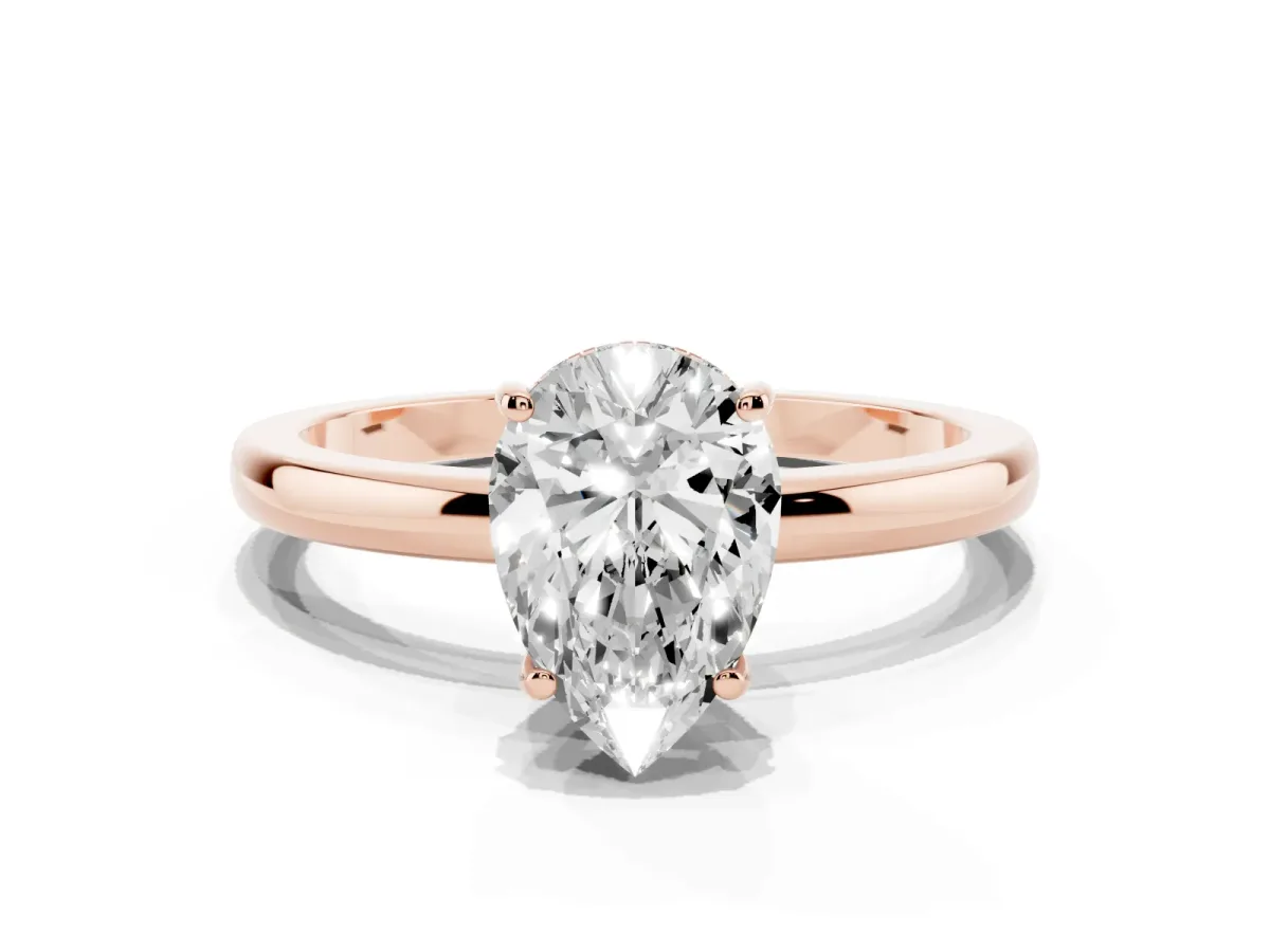 Pear Cut Solitaire Diamond Ring with Prong Setting and Plain Band Rose gold