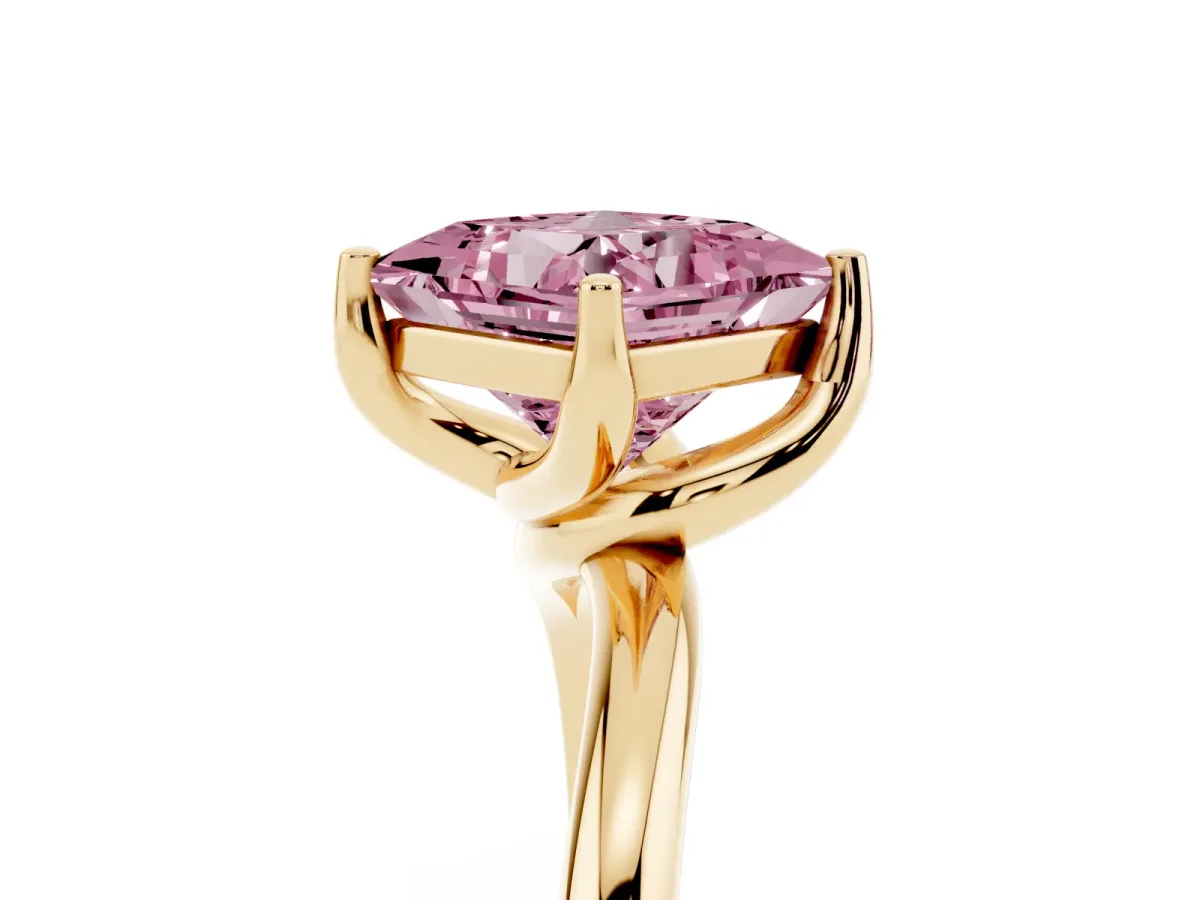 Fancy Pink Princess Cut Diamond Solitaire Engagement Ring with Four-Prong Setting and Classic Band Yellow gold
