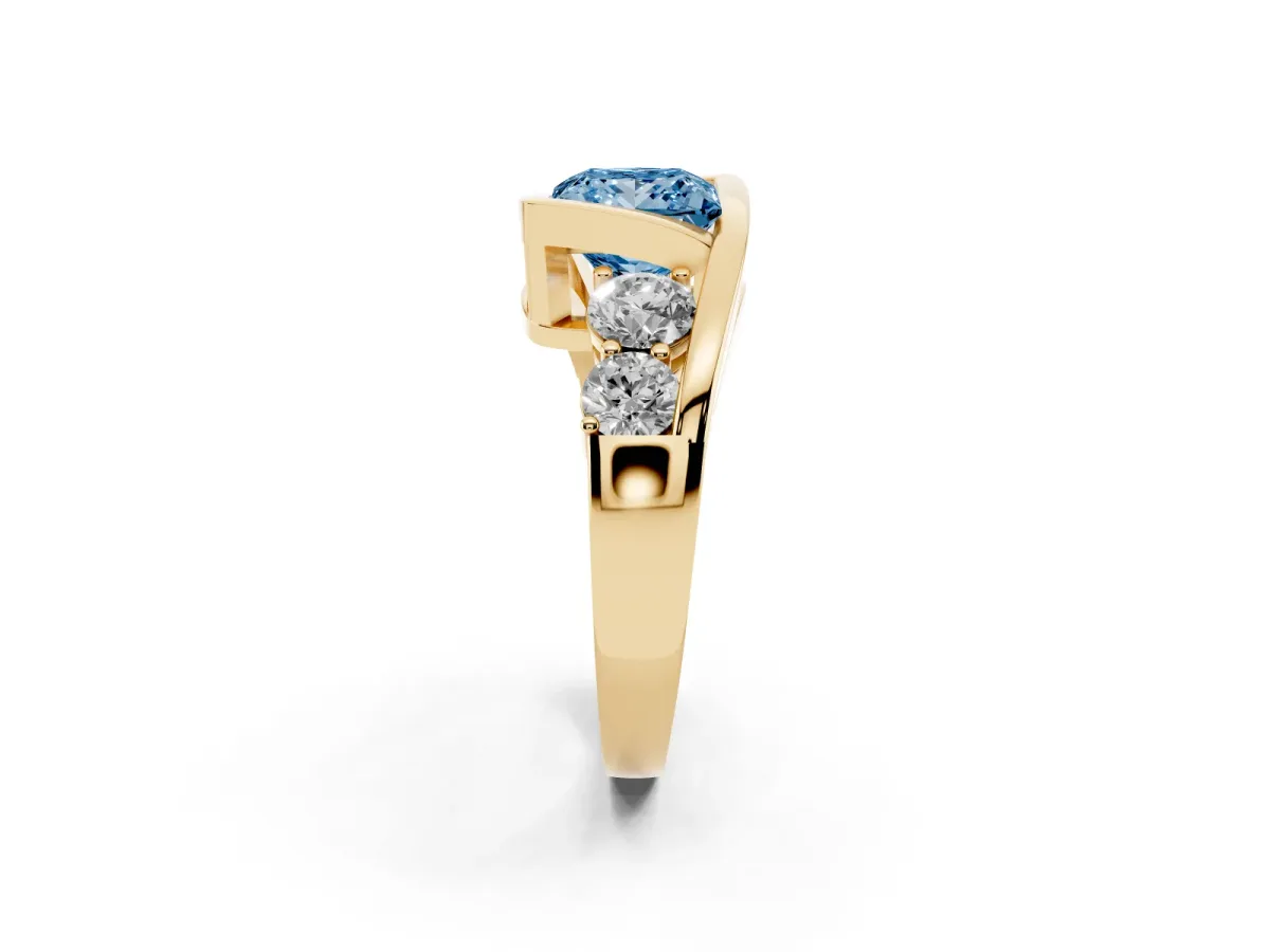 Fancy Blue Bezel Set Princess Cut Diamond Bypass Ring with Round Accents Yellow gold