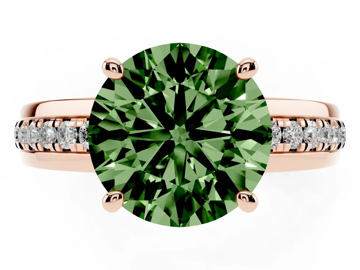 Fancy Green Round Cut Solitaire Diamond Ring with Channel Set Band and Six-Prong Setting Rose gold