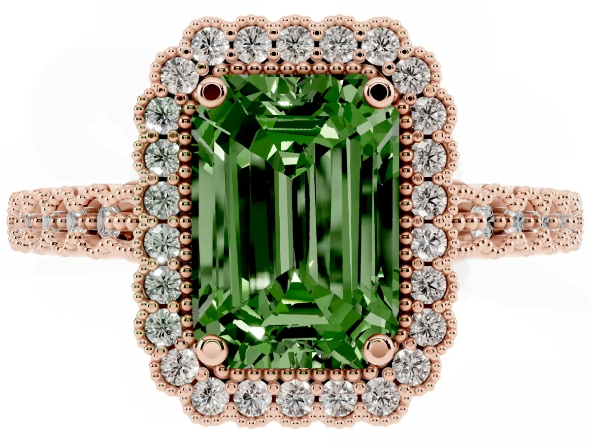 Fancy Green Emerald Cut Cut Halo Pavé Solitaire Ring with Milgrain Band Rose gold