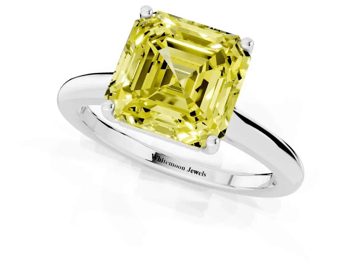 Fancy Yellow Asscher Cut Cut Solitaire Ring with Cathedral Band and Four-Prong Setting Silver