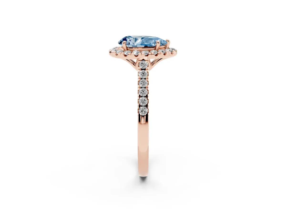 Fancy Blue Pear Cut Halo Pavé Diamond Engagement Ring with Four-Prong Setting Rose gold