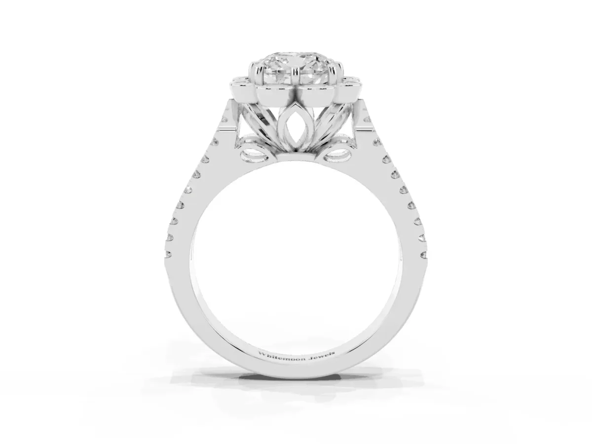 Cushion Cut Halo Diamond Floral Split Shank Engagement Ring Platinum