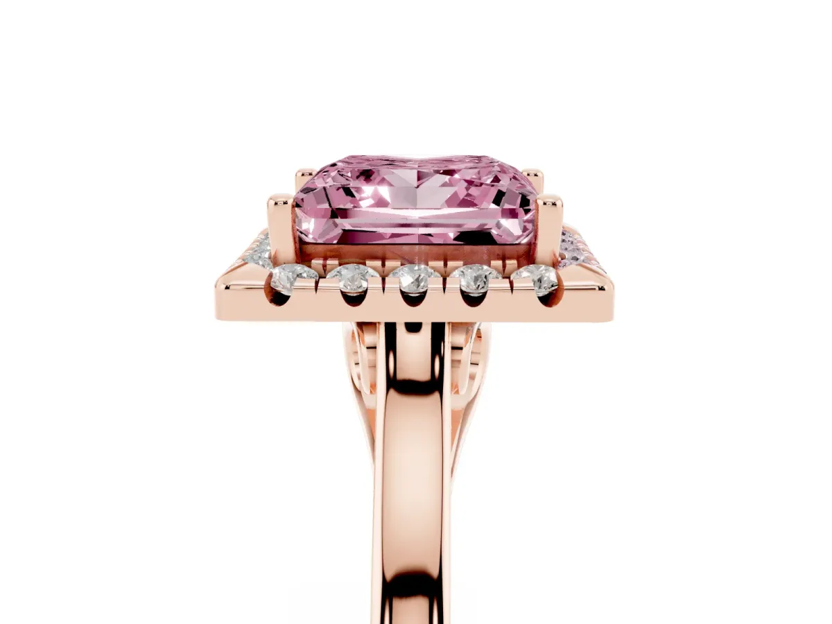 Fancy Pink Princess Cut Halo Round Diamond Solitaire Ring with Pavé Band and Four-Prong Setting Rose gold