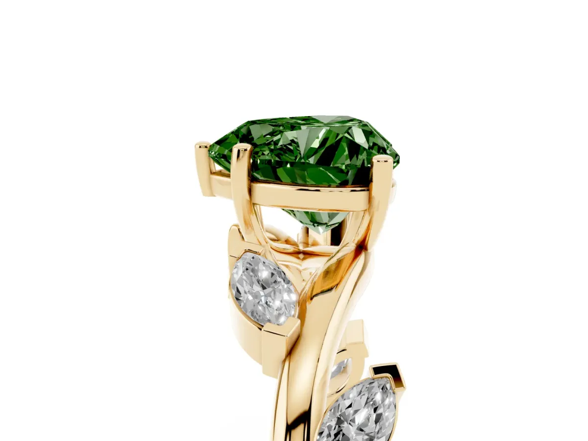 Fancy Green Heart Cut Solitaire Twisted Band Marquise Accent Prong Setting Ring Yellow gold