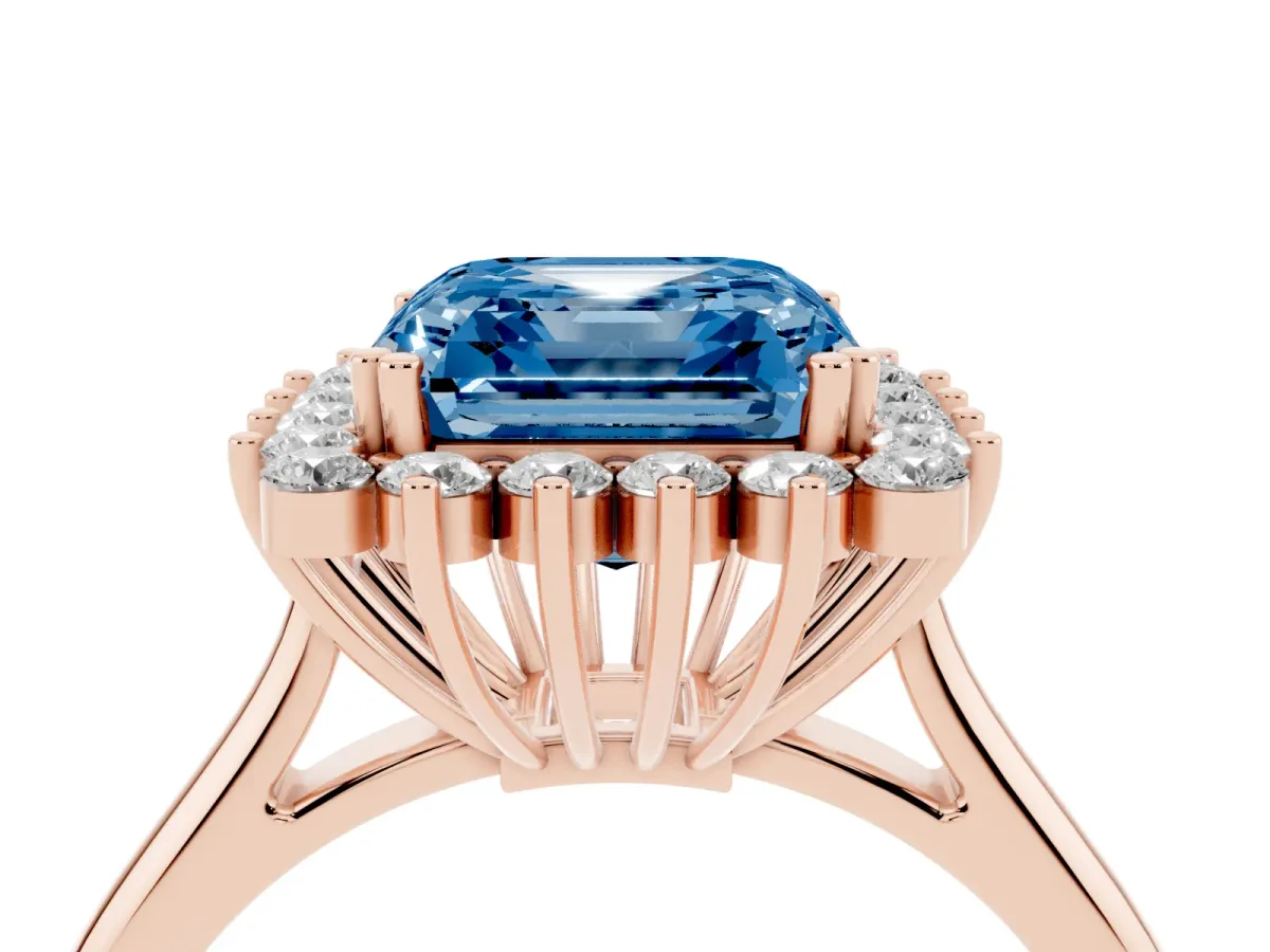 Fancy Blue Asscher Cut Cut Diamond Halo Ring with Solitaire Band and Prong Setting Rose gold