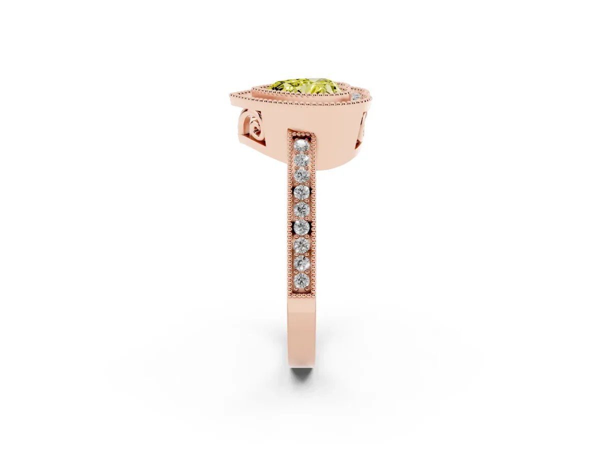Fancy Yellow Heart Cut Cut Halo Diamond Ring with Pavé Band and Milgrain Prong Setting Rose gold