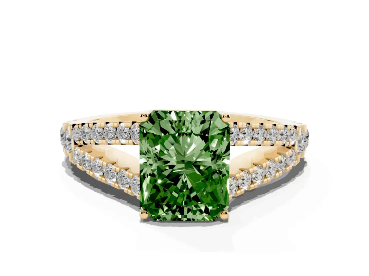 Fancy Green Radiant Cut Diamond Split Shank Pavé Engagement Ring with Four-Prong Setting Yellow gold
