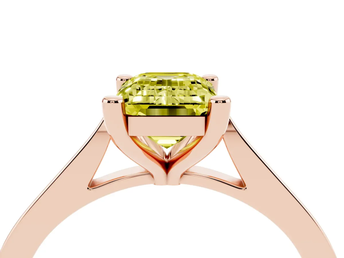 Fancy Yellow Emerald Cut Solitaire Diamond Ring with Four-Prong Setting and Tapered Band Rose gold