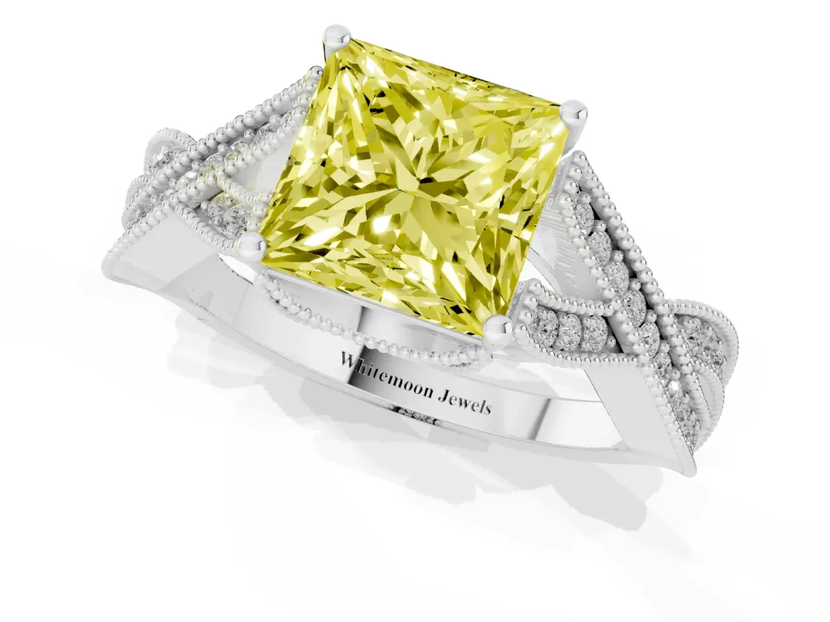 Fancy Yellow Princess Cut Cut Diamond Twisted Band with Milgrain Pave Setting and Four-Prong Setting Silver