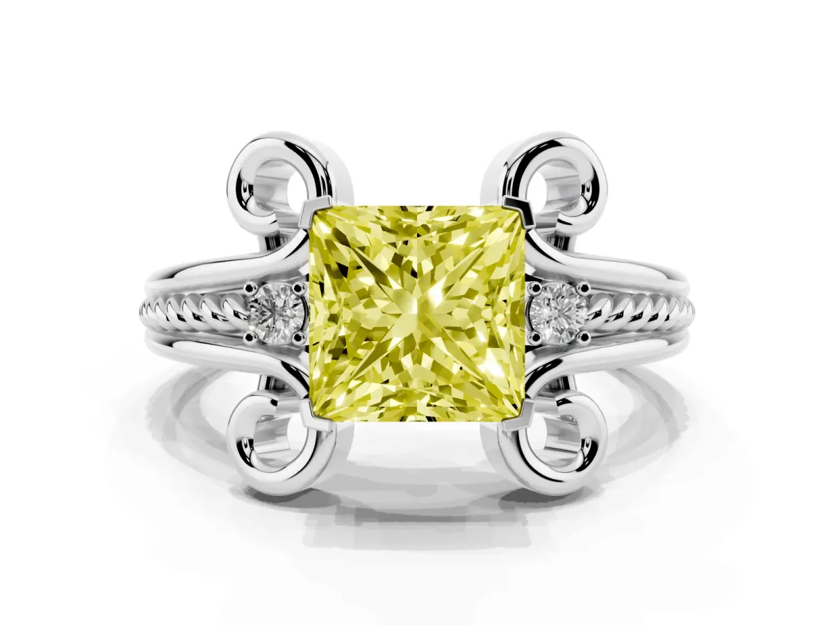 Fancy Yellow Princess Cut Solitaire Twisted Band Scroll Prong Ring Platinum