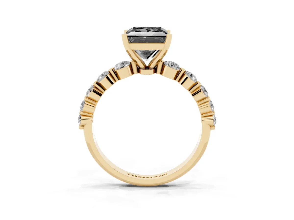 Fancy Black Princess Cut Solitaire Diamond Ring with Pave Band and Four-Prong Setting Yellow gold