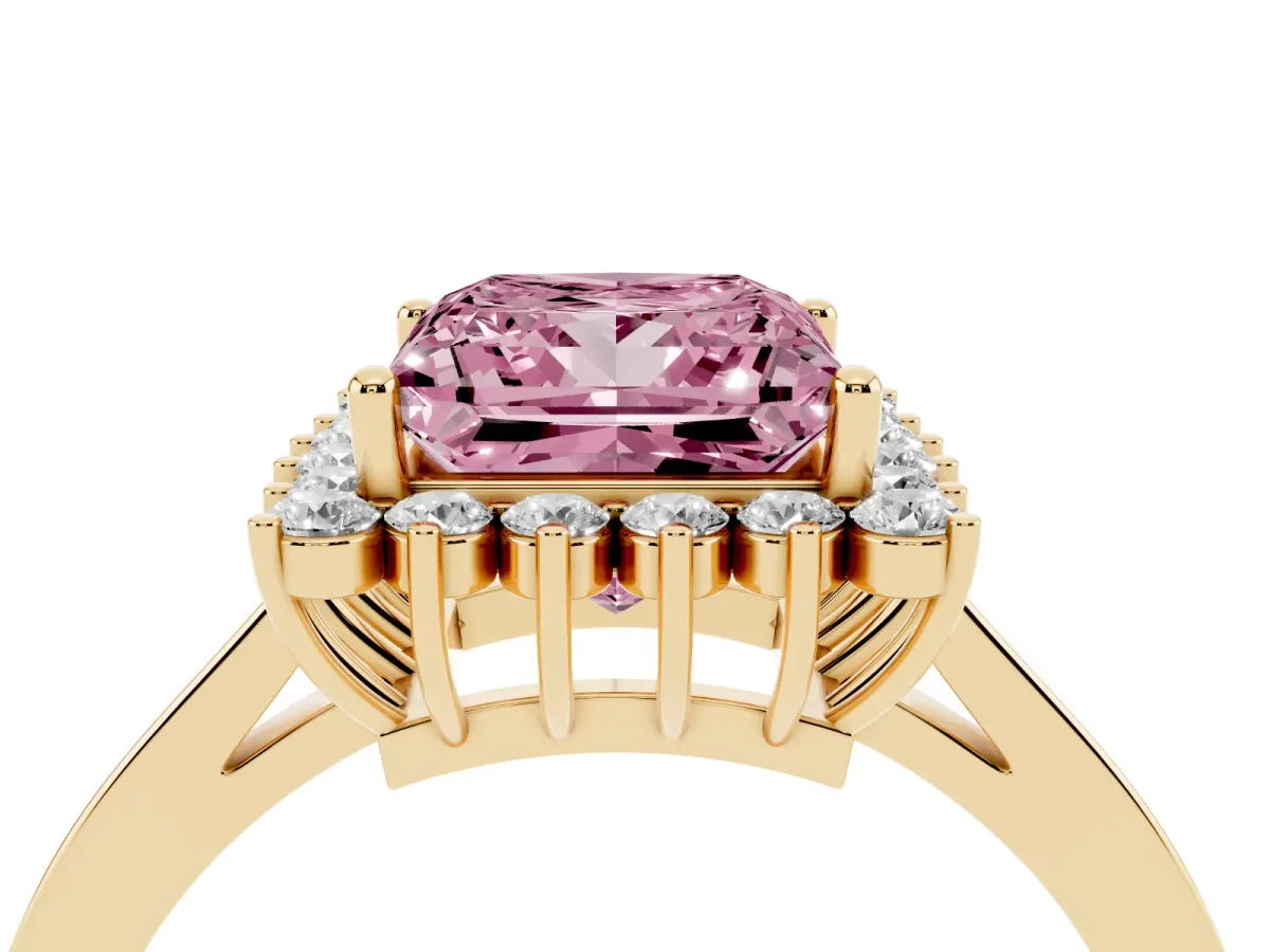 Fancy Pink Princess Cut Cut Diamond Halo Ring with Round Brilliant Halo and Solitaire Band Yellow gold