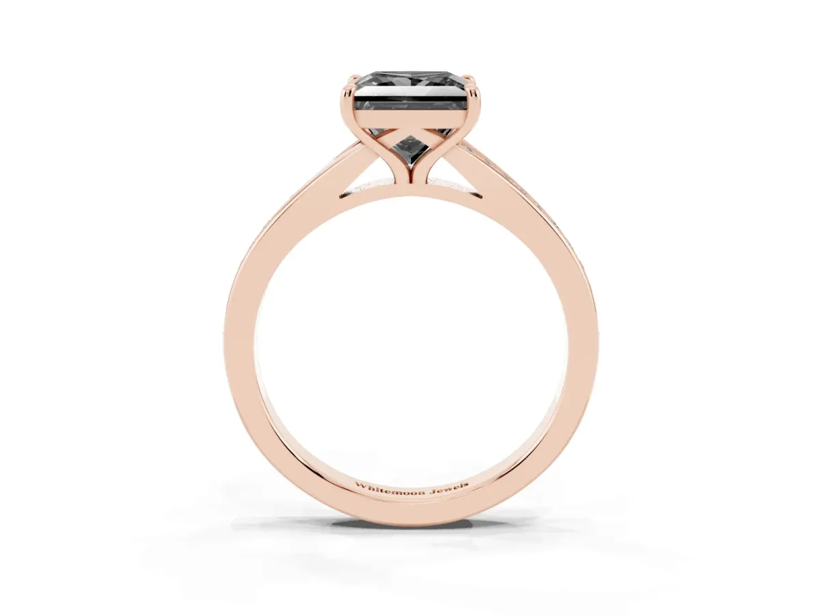 Fancy Black Princess Cut Diamond Solitaire Ring with Pavé Band and Prong Setting Rose gold