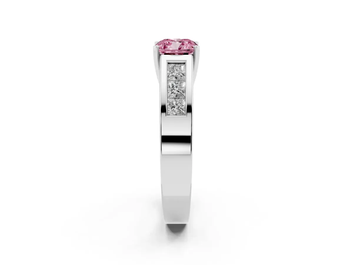 Fancy Pink Cushion Cut Cut Channel Set Solitaire Ring with Four-Prong Setting Silver