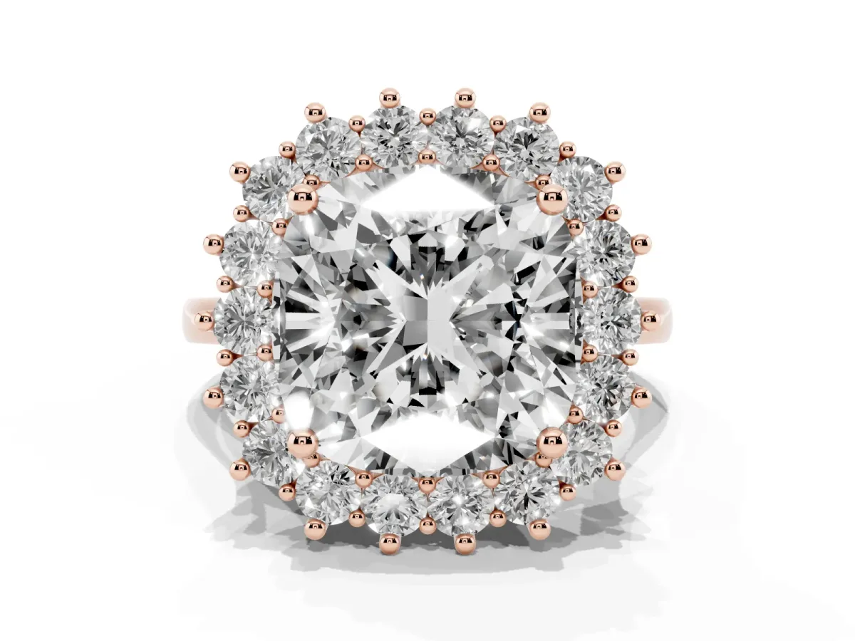 Cushion Diamond Halo Engagement Ring with Round Diamond Accents Rose gold