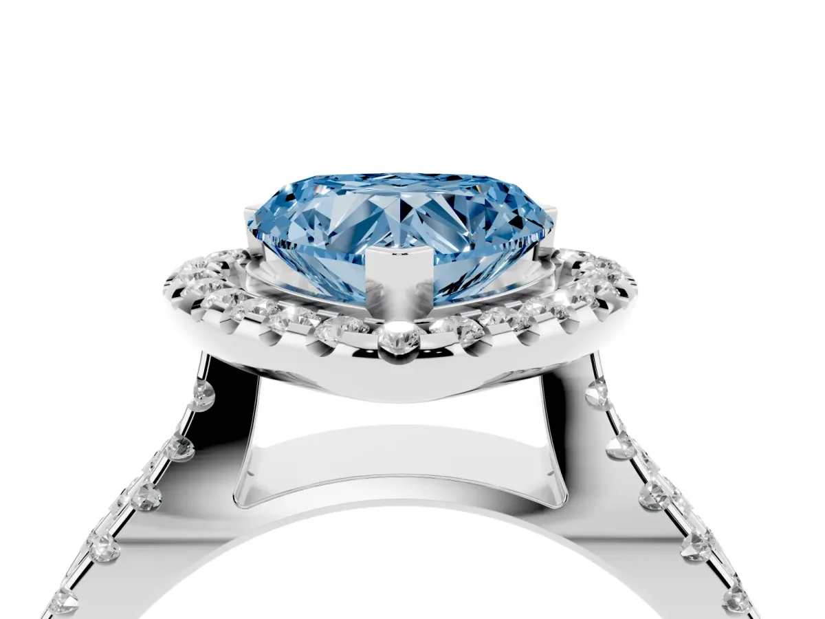 Fancy Blue Heart Cut Diamond Halo Ring with Split Shank Pavé Band and Prong Setting Silver