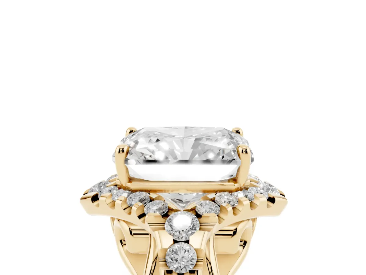 Radiant Cut Diamond Solitaire Ring with Hidden Halo and Pavé Band Yellow gold