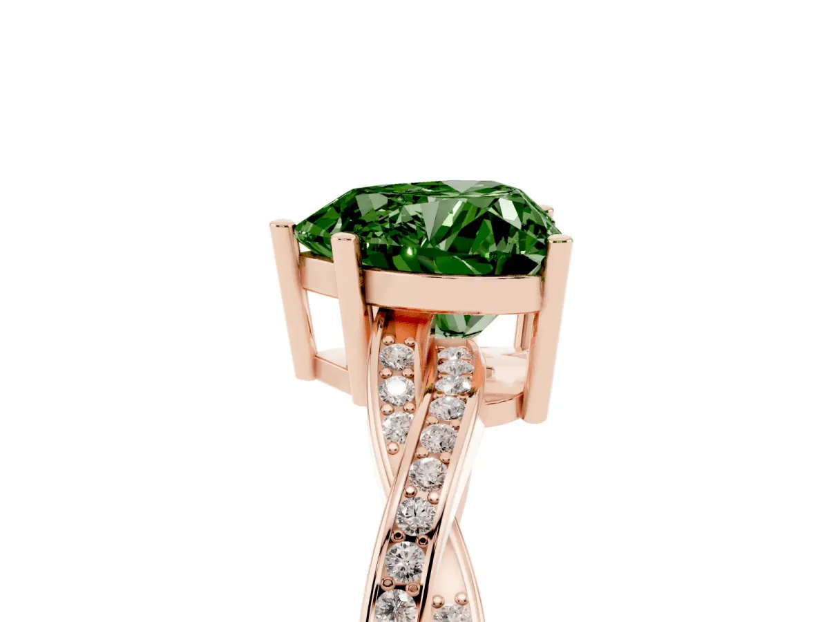 Fancy Green Heart Cut Solitaire Twisted Pave Diamond Ring with Four-Prong Setting Rose gold
