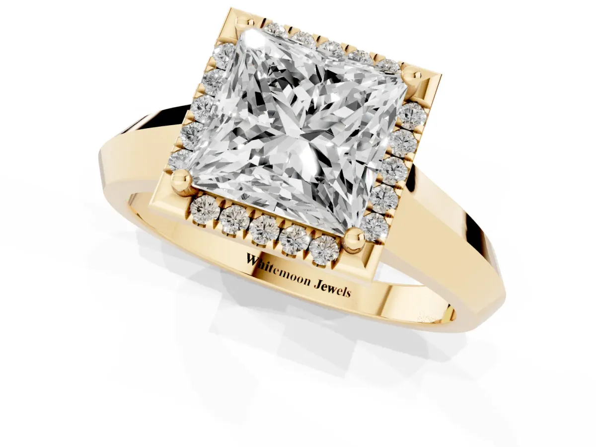 Princess Cut Halo Diamond Ring with Cathedral Band and Four-Prong Setting Yellow gold