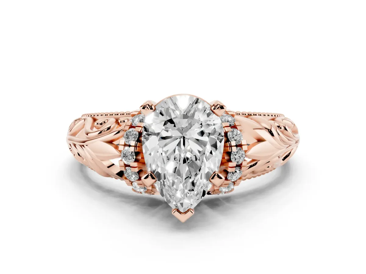 Pear Cut Solitaire Filigree Engagement Ring with Halo and Prong Setting Rose gold