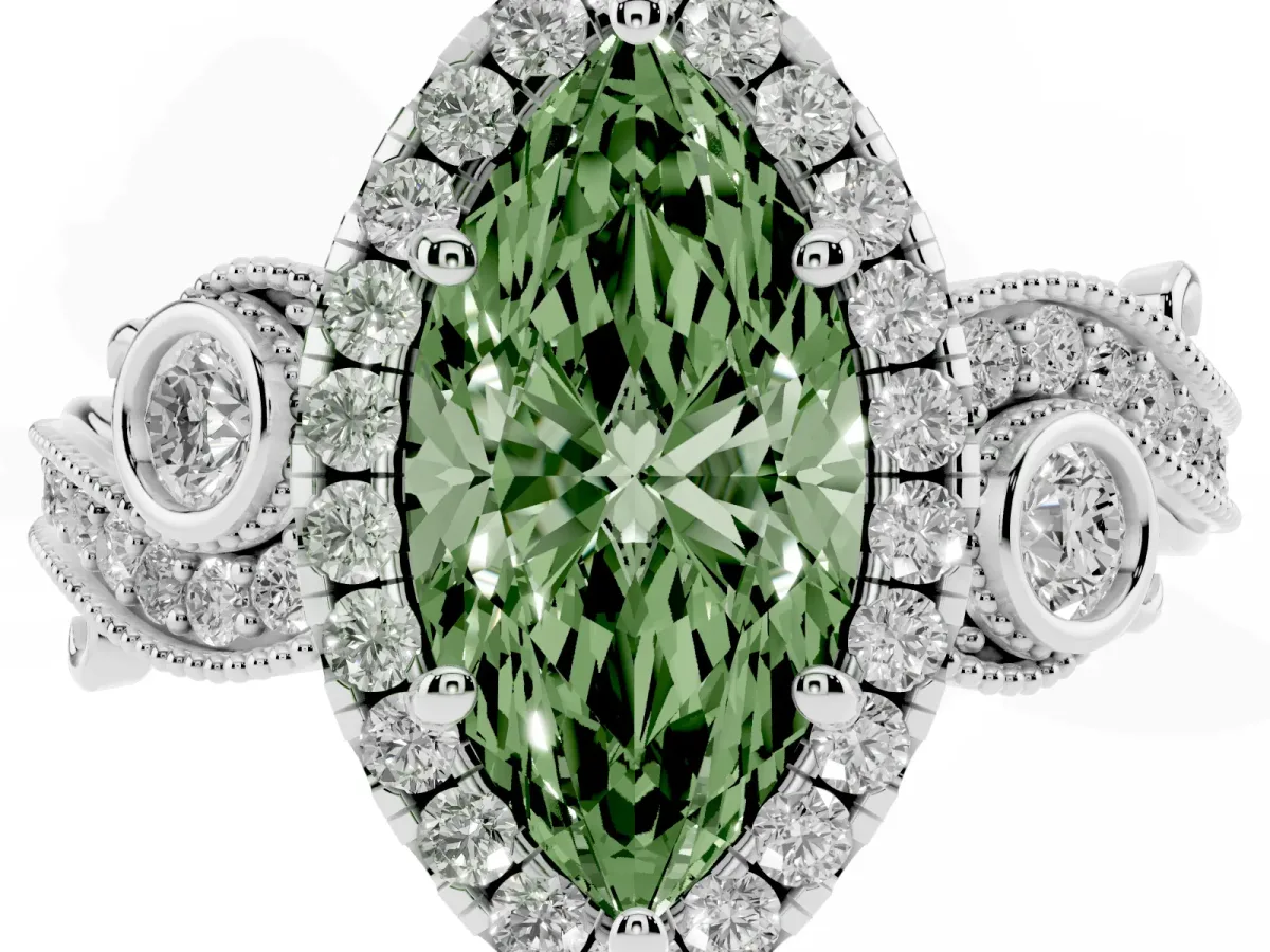 Fancy Green Marquise Cut Diamond Halo Ring with Milgrain Pavé Band and Four-Prong Setting Platinum