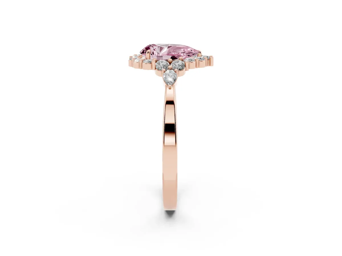 Fancy Pink Pear Cut Diamond Halo Ring with Pear Side Stones and Prong Setting Rose gold